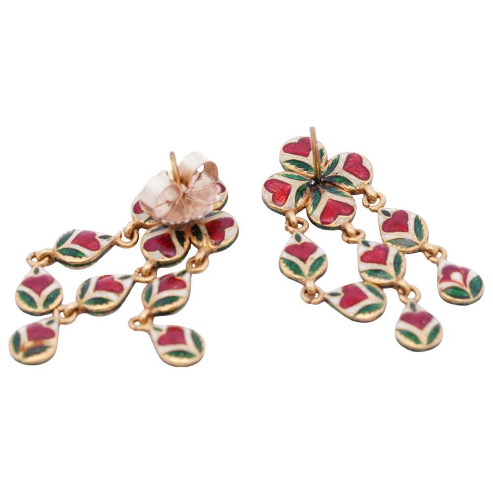 Contemporain Boucles d'oreilles pendantes en or 14K Polki, diamant et émail Meenakari, faites à la main en vente