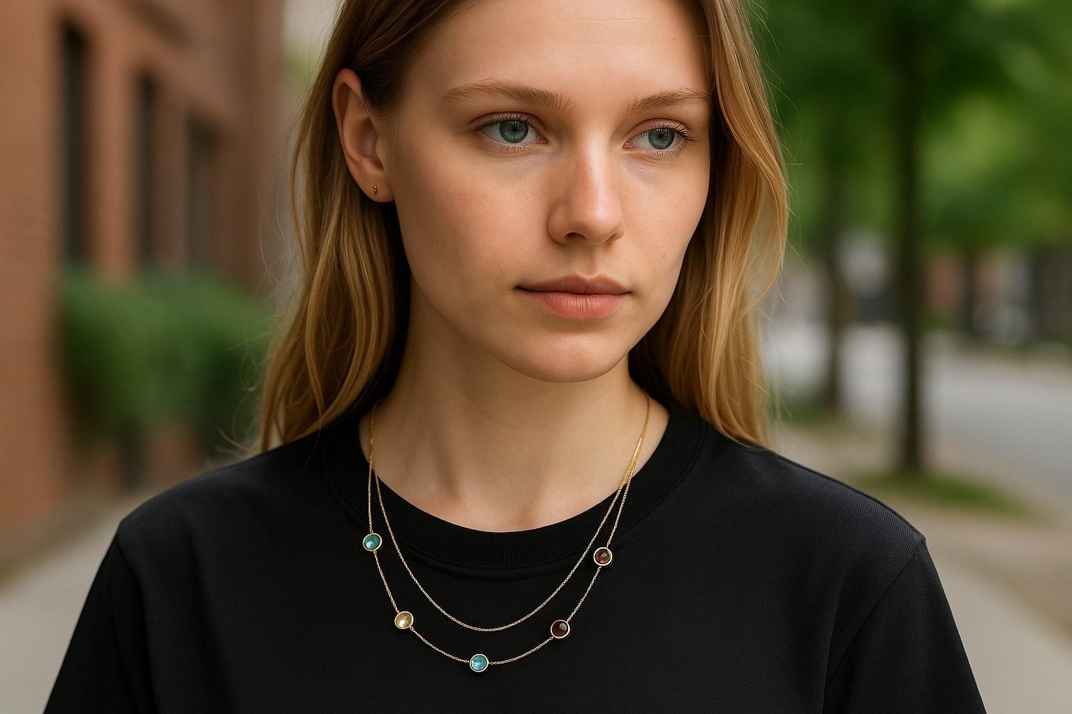 Eleva la tua collezione con questa collana in oro Milor 14K, realizzata in Italia nel XXI secolo, che presenta sei gemme semi-preziose incastonate lungo una catena d'oro delicata ma duratura. Ogni pietra preziosa - acquamarina, kunzite, ametista,