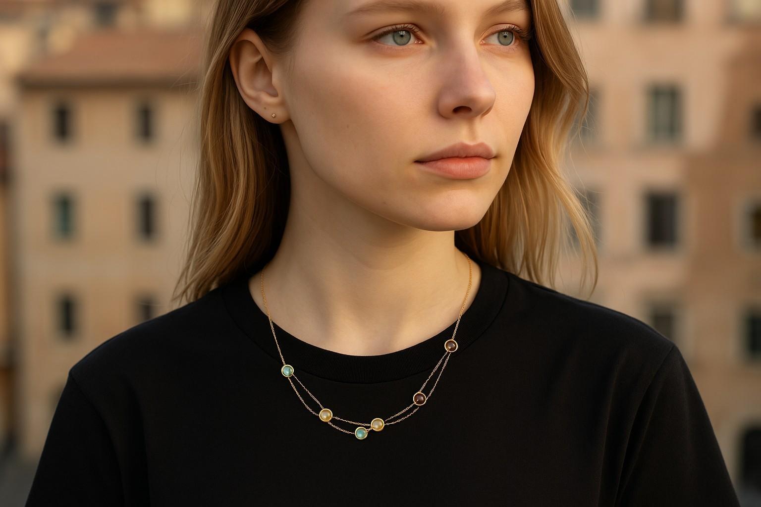 Collana a stazione con pietre preziose in oro 14K di Milor, lunga 33 pollici In condizioni buone in vendita a New York, NY