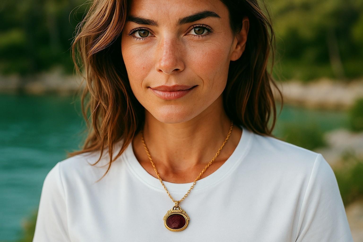 Rehaussez votre collection avec cet exquis collier en or 14k continental du début du XXe siècle, orné d'un camée en intaille finement sculpté en pierres précieuses représentant un guerrier gréco-romain classique au profil élégant. Le camée est serti
