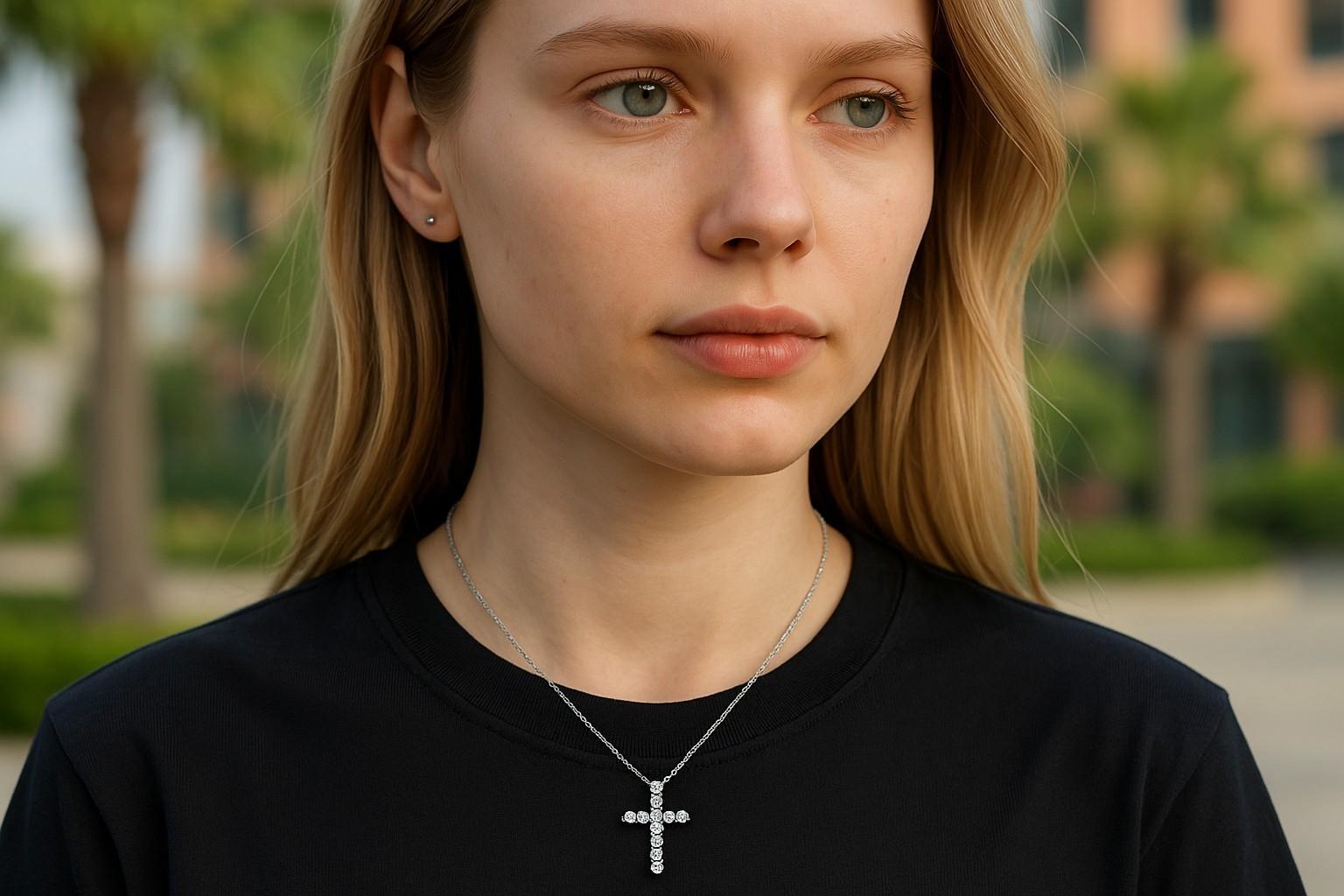 Taille ronde Collier Croix en or blanc 18k avec pendentif diamant de 1,32 carat Chaîne de 18 pouces en vente