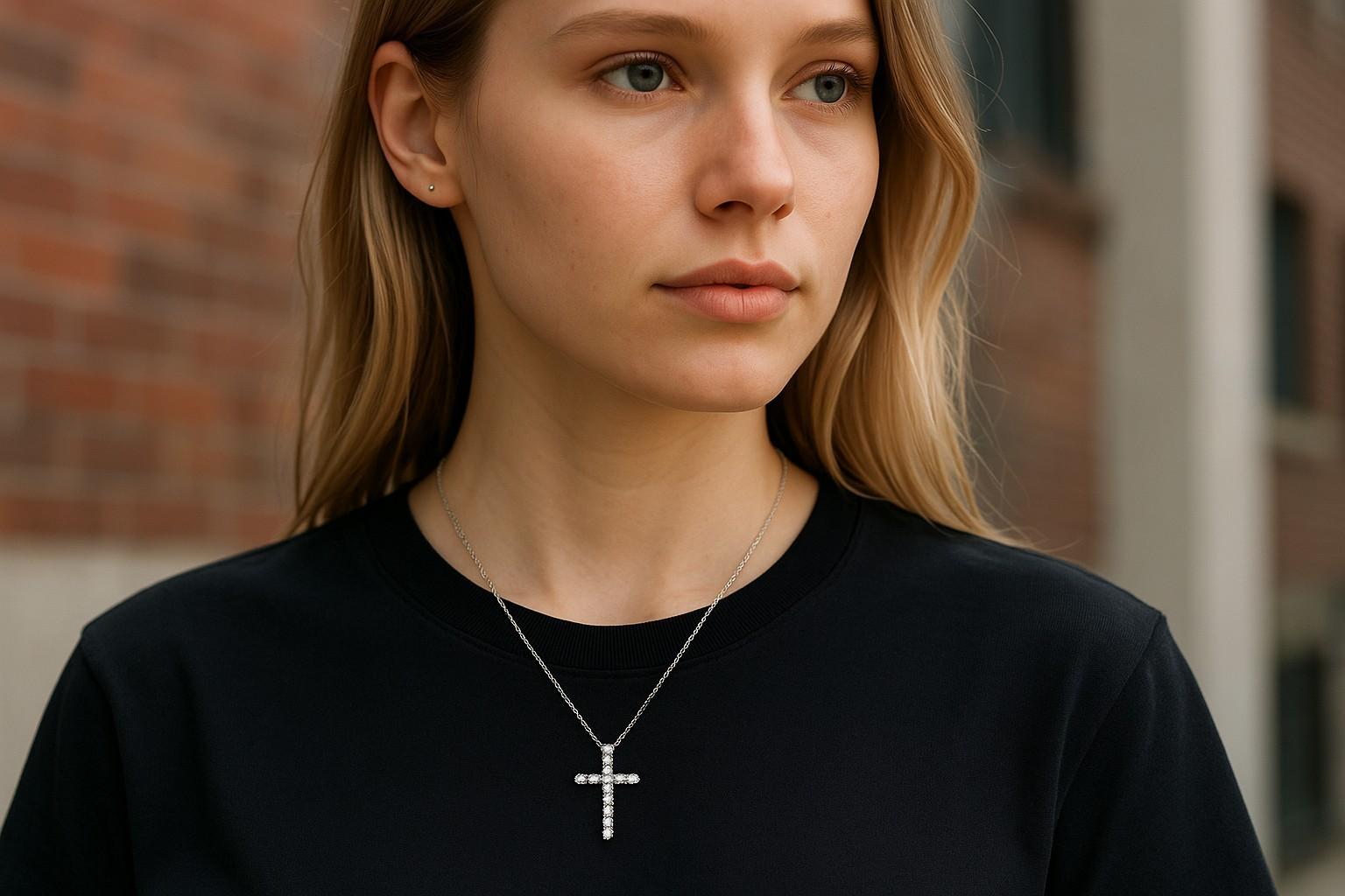 Cet élégant collier en or blanc 18 carats présente un pendentif croix intemporel orné de 11 diamants ronds de taille brillant totalisant environ 1,32 carats. Chaque diamant mesure 3,35 mm, offrant un éclat brillant et équilibré qui met en valeur le