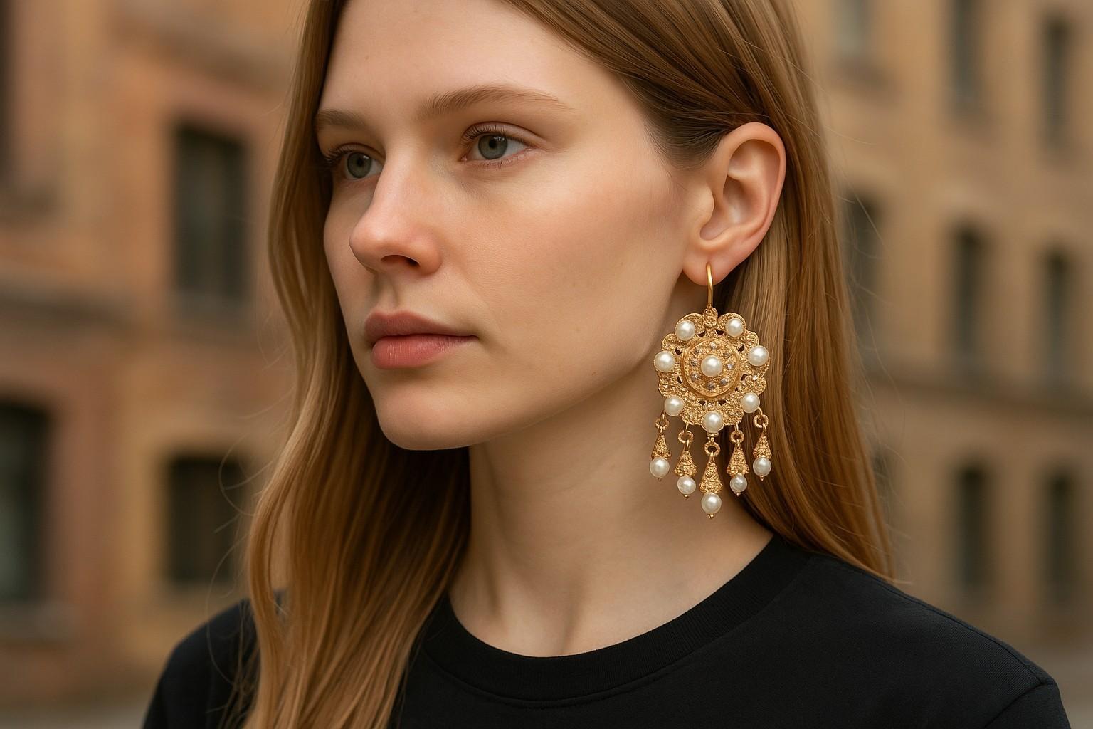 Taille ronde Boucles d'oreilles chandelier anciennes en or jaune 18K et perles de rocaille en vente