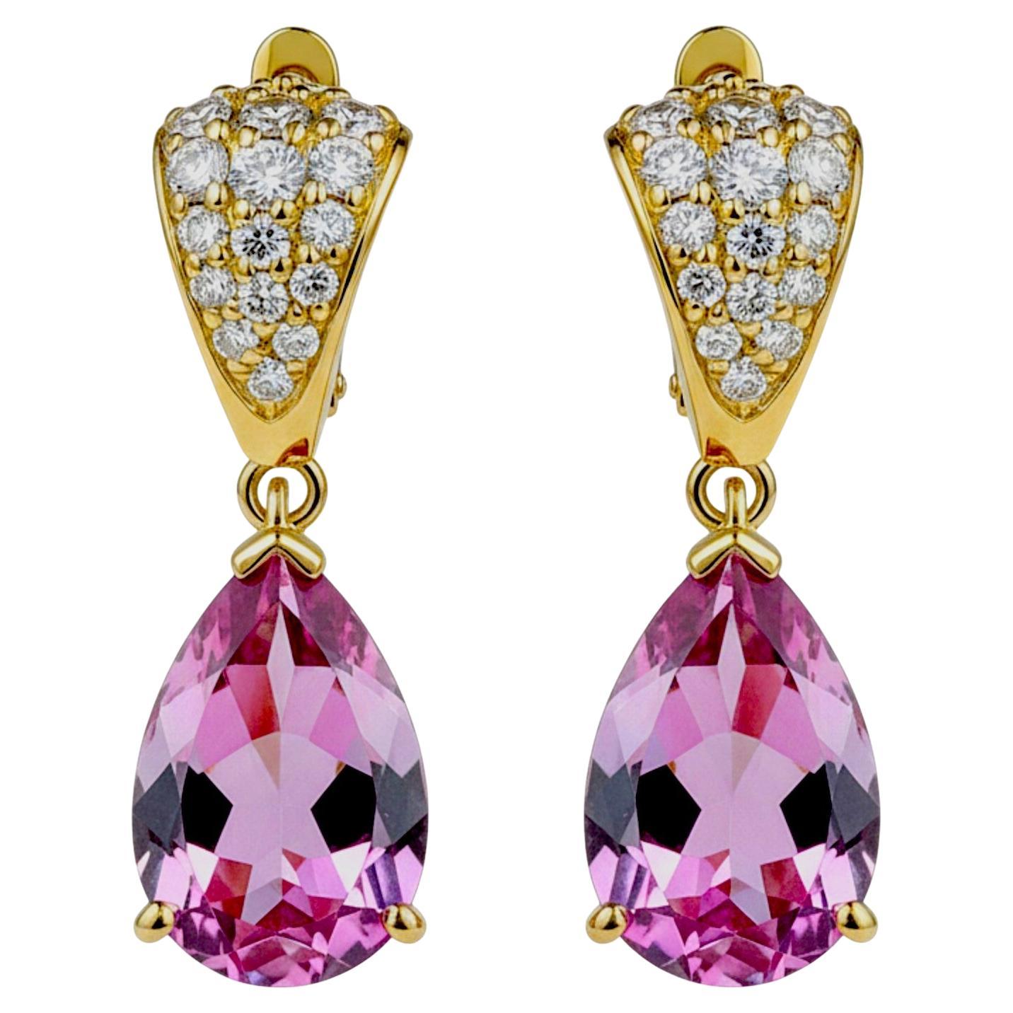 14K Yellow Gold Diamond and Natural Pink Topaz Dangle Earrings