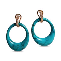14K Yellow Gold Diamond Natural Turquoise and Black Onyx Door Knocker Earrings