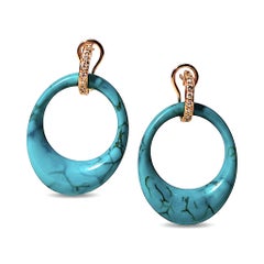 14K Yellow Gold Diamond Natural Turquoise and Black Onyx Door Knocker Earrings