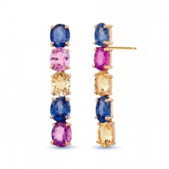 14K Yellow Gold Multi-Color Sapphire Drop Earrings, 9.20 Carats