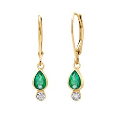 14K Yellow Gold Pear-Shaped Emerald and Diamond Lever Back Earrings