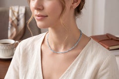 Collar tipo gargantilla de oro amarillo de 14K con cuentas de aguamarina natural de 3 mm — 16"