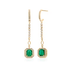 14K Yellow Gold Emerald 2.40 Cts .& Diamond 1.10 Cts Halo Lariat Drop Earrings