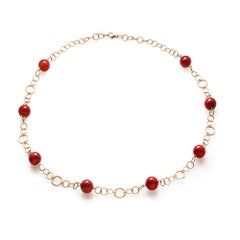 18K Yellow Gold Handmade 36" Long Link Necklace with Eight Large Red Carnelians