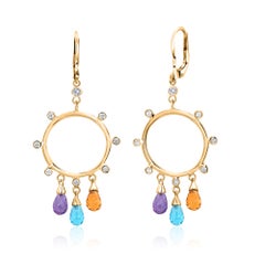 14K Yellow Gold Diamond Circle Drop Earrings with Citrine, Amethyst & Blue Topaz