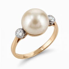 18K Yellow Gold 10 MM Pearl & Diamond Solitaire Ring