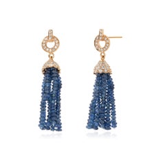 14K Yellow Gold Natural Ceylon Sapphire & Diamond Pavé Tassel Earrings 32 Ct