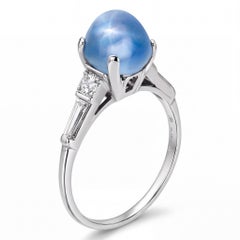 GIA 5.42 Ct Ceylon Star Sapphire Ring Natural No-Heat Platinum Baguette Diamonds