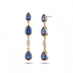 14 Karat Yellow Gold Sapphire and Diamond Hanging Drop Earrings