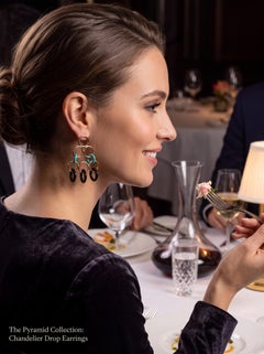 14K Yellow Gold Multicircle Black Onyx & Turquoise Dangle Earrings – 1.65 Inches