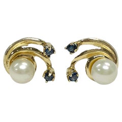 14K Yellow Gold Pearl and Blue Sapphire Stud Earrings, Modern Design