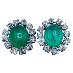 Edwardian Art Deco clip-on Earrings Emerald Cabochon & Diamonds