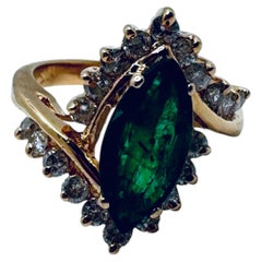 14K Yellow Gold Emerald and Diamond Halo Ring, 12x5.5mm Center Stone