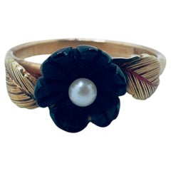 14K Yellow Gold Cultured Pearl & Black Ceramic Flower Ring, Size 5.5