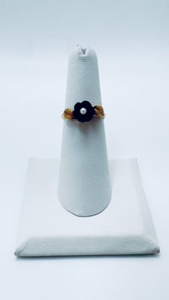 14K Yellow Gold Cultured Pearl & Black Ceramic Flower Ring, Size 5.5
