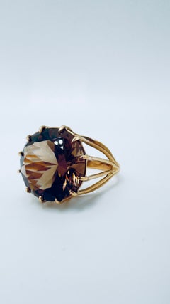 14K Yellow Gold Smoky Quartz Solitaire Ring, 16mm Round Gemstone, Size 9