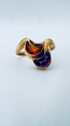 Bague demi-lune en or jaune 14 carats avec citrine et améthyste, taille 7