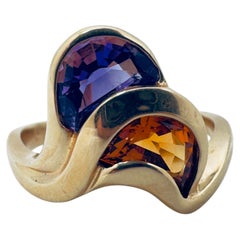 Bague demi-lune en or jaune 14 carats avec citrine et améthyste, taille 7