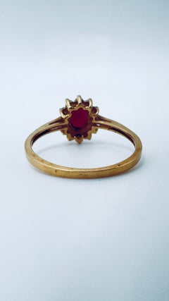 10K Yellow Gold Ruby & Diamond Halo Ring, 0.60 Carat Ruby Center, Size 7