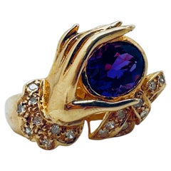 14K Yellow Gold Amethyst & Diamond Hand Design Ring, 0.85 Carat Amethyst, Size 6