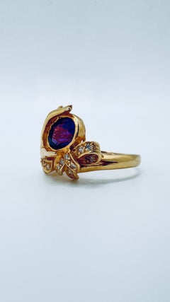 14K Yellow Gold Amethyst & Diamond Hand Design Ring, 0.85 Carat Amethyst, Size 6