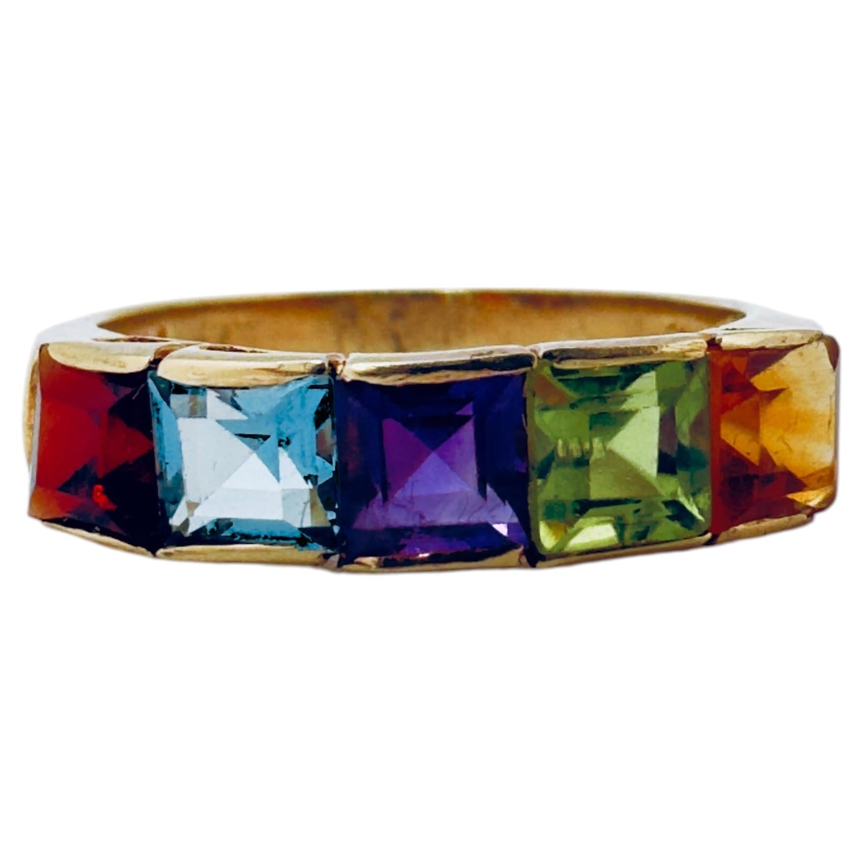 14K Yellow Gold Multi-Color Gemstone Band Ring, size 7.5
