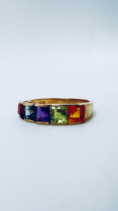 14K Yellow Gold Multi-Color Gemstone Band Ring, size 7.5