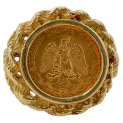 14 Karat Yellow Gold, Dos Pesos Mexican Coin, Signet Ring Style, Size 5.5