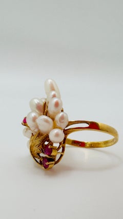 Floral Rice Pearl and Ruby Cluster in 14 Karat Yellow Gold Ladies Ring, Size 7