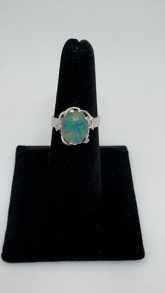 Echter australischer Cabochon-Opal, 1,3 mm große Diamanten, 14-karätiges Weißgold, Größe 7 1/2