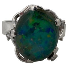 Genuine Australian Cabochon Opal, 1.3mm Diamonds, 14K White Gold, 7 1/2