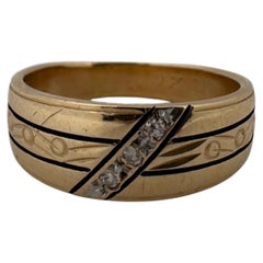 14 Karat Yellow Gold Band, Black Enamel Detailing, Single-Cut Round Diamonds