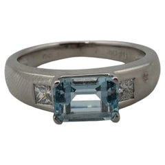 Emerald-cut Aquamarine with Accenting Princess-cut Diamonds, 0.90ct, Size 5 3/4