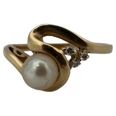5mm Pearl and Diamond Cluster, Organic Wave Design Ring, 14 Karat Yellow Gold