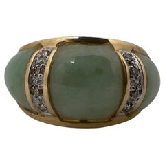 Special Cut Light Green Jade Dome Style Ring, 14 Karat Yellow and White gold
