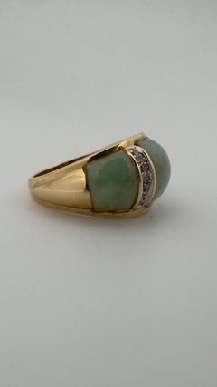 Special Cut Light Green Jade Dome Style Ring, 14 Karat Yellow and White gold