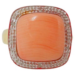 Pink Salmon Colored Square Cabochon Cordal, Two Tone 14 Karat Gold, Signet Ring