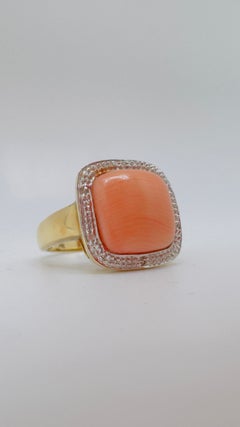 Pink Salmon Colored Square Cabochon Cordal, Two Tone 14 Karat Gold, Signet Ring