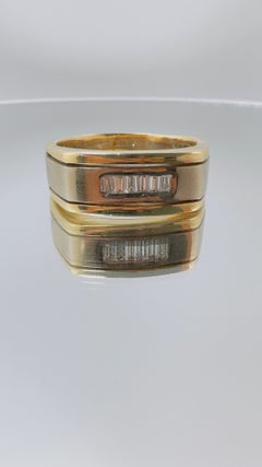 Men's Two Tone Brush and Polish Texture Ring, Flush Baguette Row, 0.09ctw