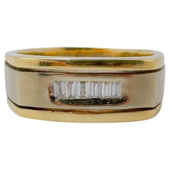 Men's Two Tone Brush and Polish Texture Ring, Flush Baguette Row, 0.09ctw