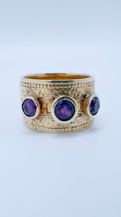 Wide Detailed 14 Karat Yellow Gold Band, Three Bezel-Set Amethysts, Size 8