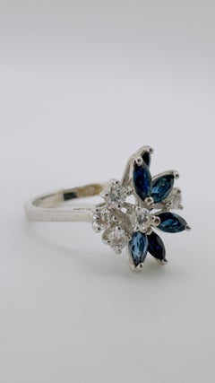 Diamond and Sapphire Floral Cluster Design, 14 Karat White Gold, Size 7.5