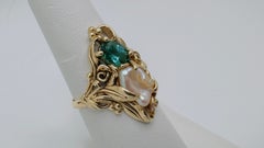 Organic Floral Motif Dome Style Band with Biwa Pearl and Oval Tourmaline, 0.85ct